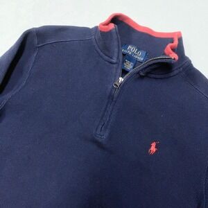 VTG Polo Ralph Lauren 1/4 Zip Pullover Sweater Boys M (10-12) Navy Blue Red Pony